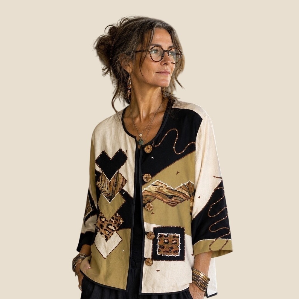 Indigo Moon Womens Large Embellished Patchwork Art Jacket Cotton Linen Blend